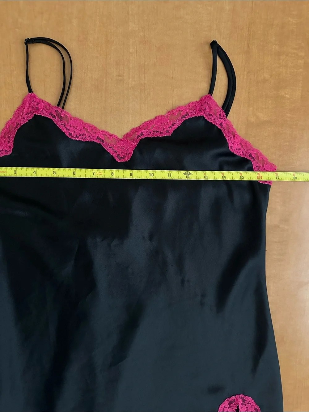 Vtg Y2K Victoria's Secret Black Satin & Hot Pink Lace Slit Slip Dress June 2004